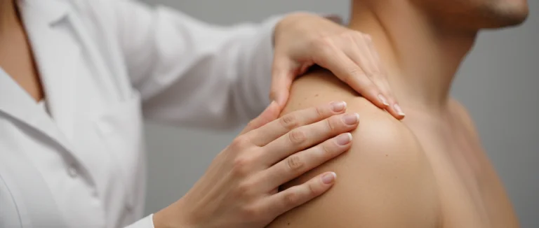 Врач проводит клинический тест плеча