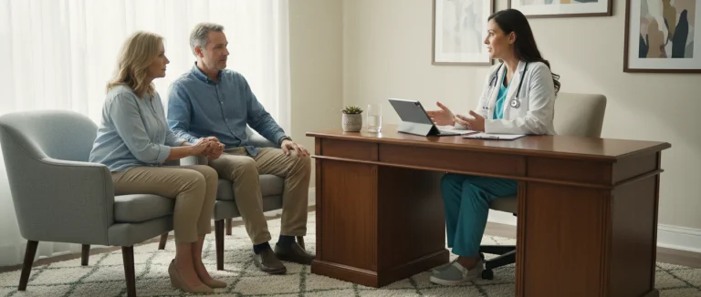 Пара обсуждает вопросы здоровья с врачом