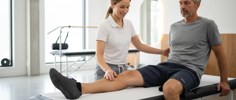 Физиотерапевт помогает пациенту выполнить упражнения