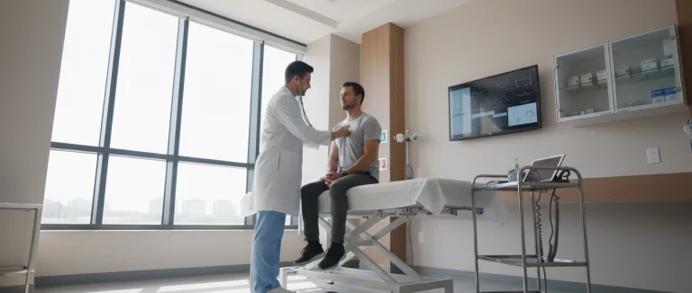 Мужской врач проводит физическое обследование