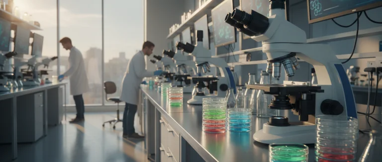 Лаборатория со стеклянными пробирками и микроскопом