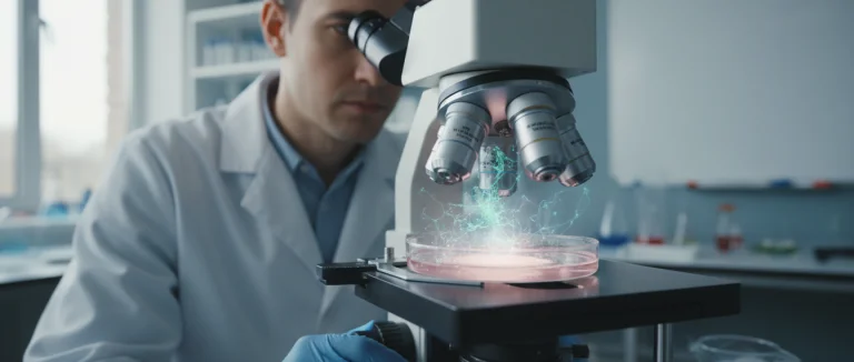 Учёный изучает клетки под микроскопом