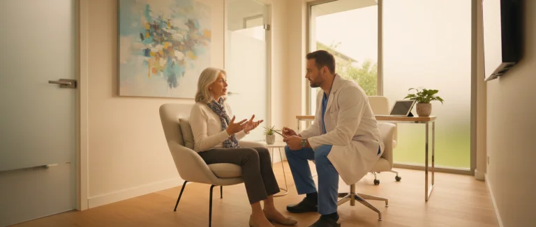 Пожилая женщина обсуждает симптомы ИМП с врачом