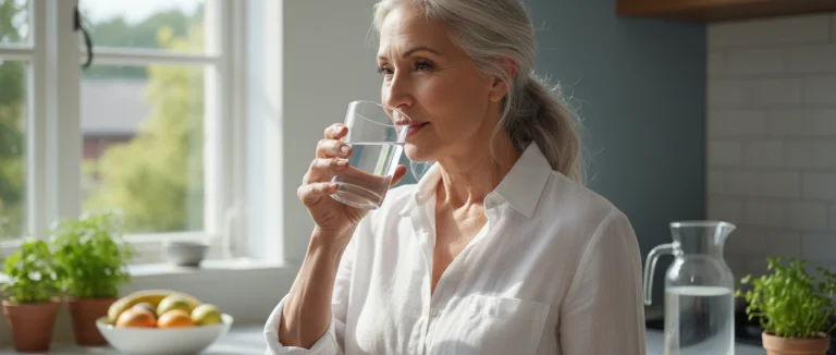 Пожилая женщина пьет воду для профилактики ИМП