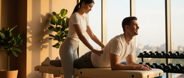 Физиотерапевт помогает пациенту выполнить упражнения для поясницы