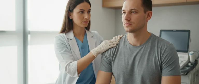 Врач проводит тесты плеча