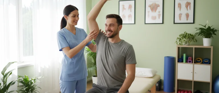 Физиотерапевт демонстрирует тесты плеча