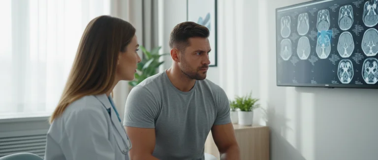 Атлет с травмированной мышцей, рассматривающий результаты МРТ