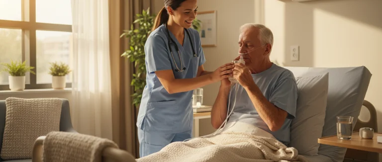 Медицинская сестра помогает пациенту с дыхательными упражнениями