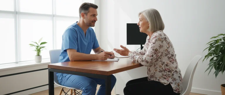 Человек в клинике обсуждает частое мочеиспускание