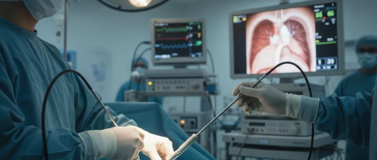 Хирург выполняет лобэктомию с помощью эндоскопа