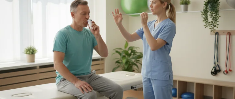 Физиотерапевт помогает пациенту выполнять дыхательные упражнения