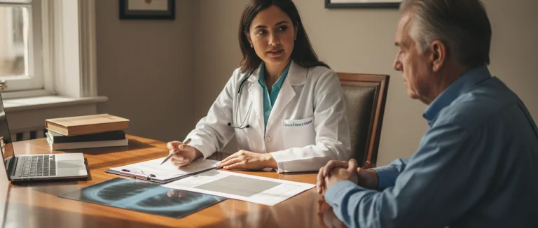 Врач обсуждает план операции на лёгких с пациентом