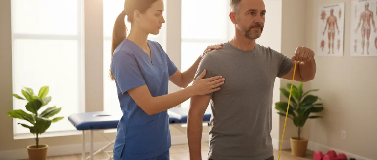 Физиотерапевт проводит упражнения для плеча