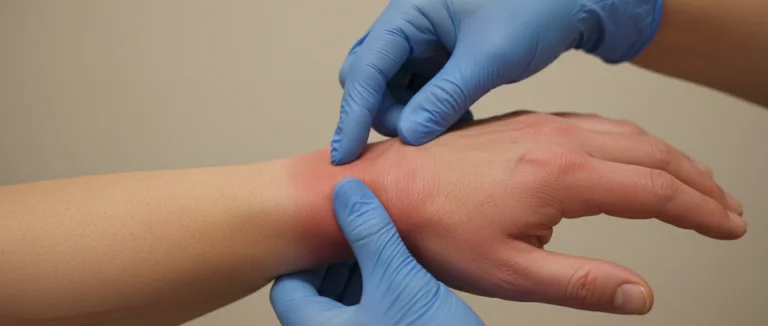 Врач осматривает руку пациента с тендинитом