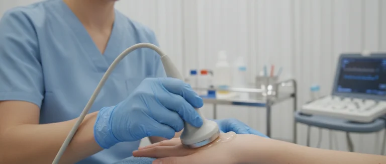 Физиотерапевт проводит ультразвуковую терапию руки