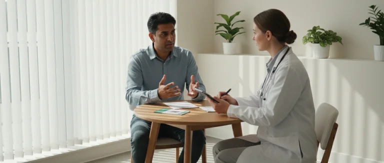 Человек в кабинете врача обсуждает симптомы частого мочеиспускания