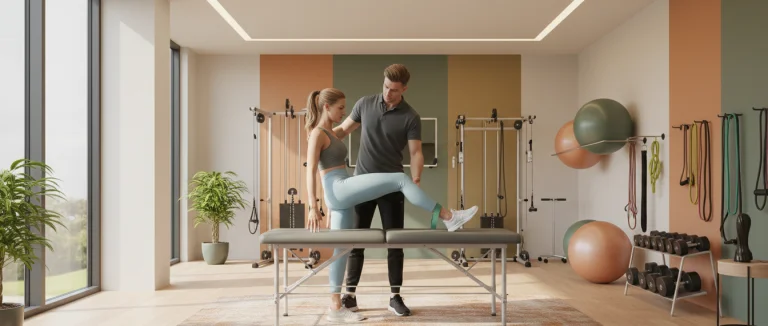 Физиотерапевт проводит упражнения с пациентом