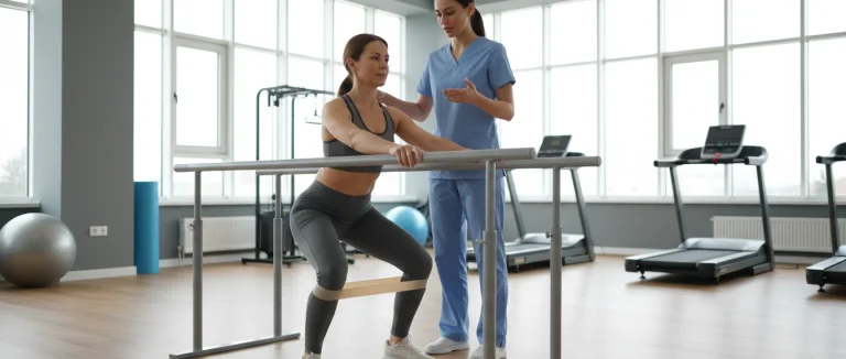 Пациент выполняет упражнения в реабилитационном зале