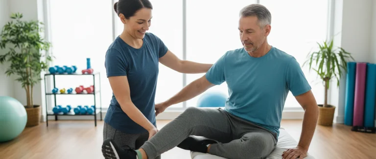 Физиотерапевт проводит упражнения с пациентом