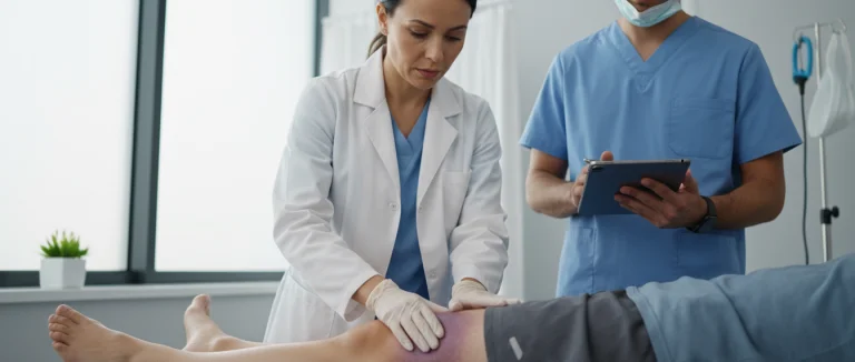 Больной с травмой бедра осматривается врачом