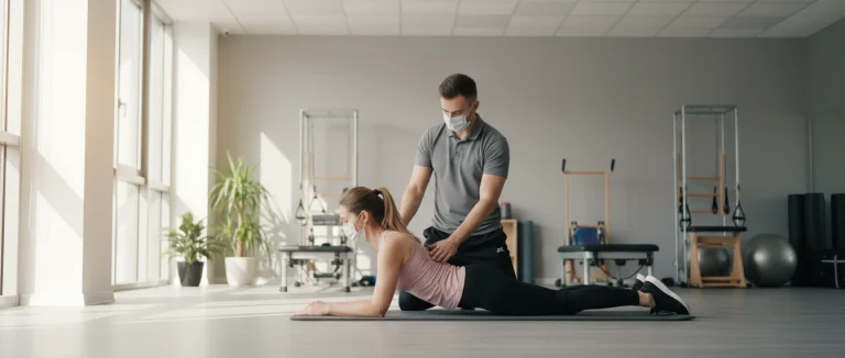 Физиотерапевт проводит упражнения с пациентом