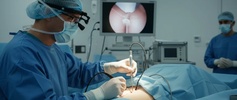 Хирург проводит эндоскопическую дискотомию