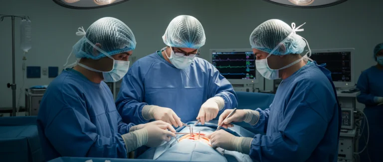 Операционная с командой хирургов, проводящих спинальную фузию