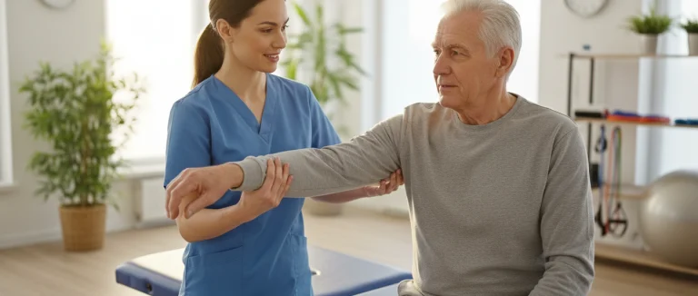 Физиотерапевт помогает пациенту выполнить упражнения