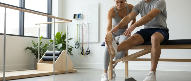 Физиотерапевт проводит упражнения с пациентом