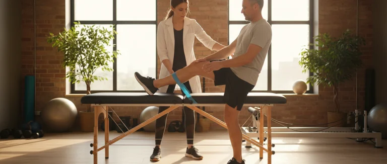 Физиотерапевт проводит упражнения для колена