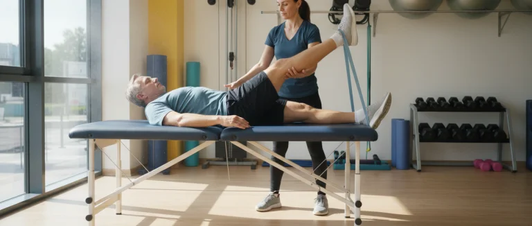 Физиотерапевт помогает пациенту выполнить упражнения для бедра