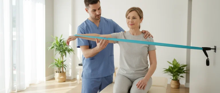 Физиотерапевт проводит упражнения для плеча