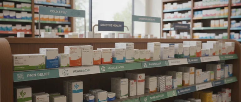 Полка в аптеке с безрецептурными препаратами