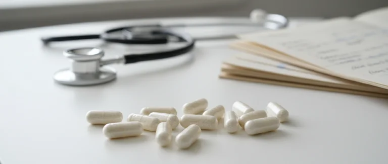 Капсулы коллагена на фоне медицинского оборудования