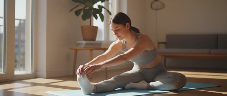 Человек делает упражнения на растяжку в домашней обстановке