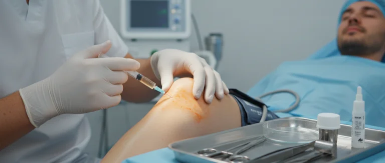 Врач вводит стволовые клетки в коленный сустав