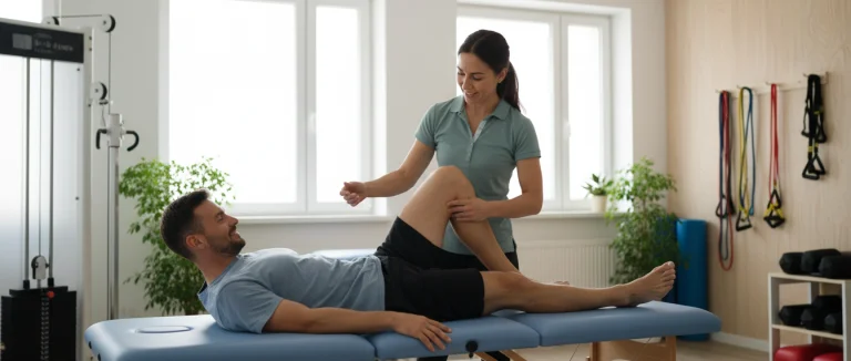 Физиотерапевт проводит упражнения с пациентом