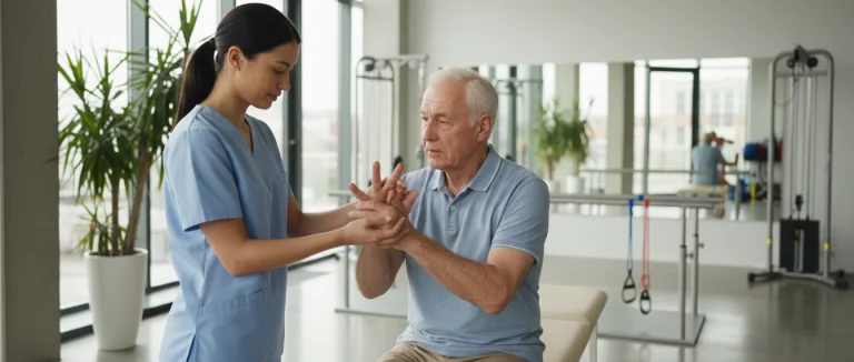 Физиотерапевт помогает пациенту выполнять упражнения для рук