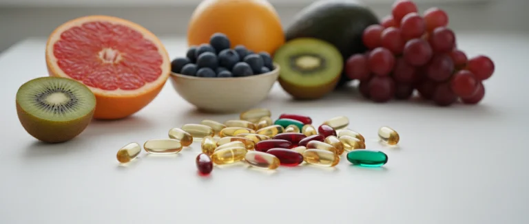 Витамины в виде капсул и фруктов