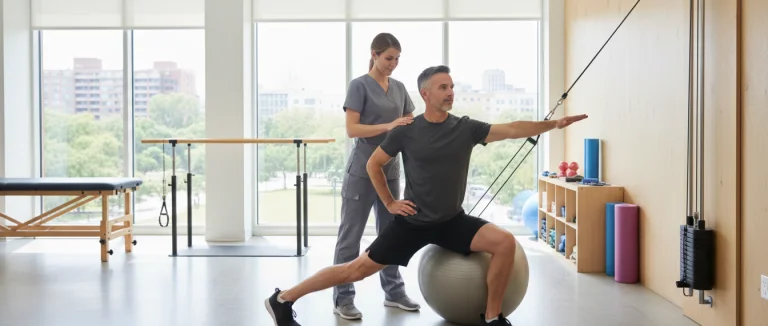 Физиотерапевт проводит упражнения с пациентом