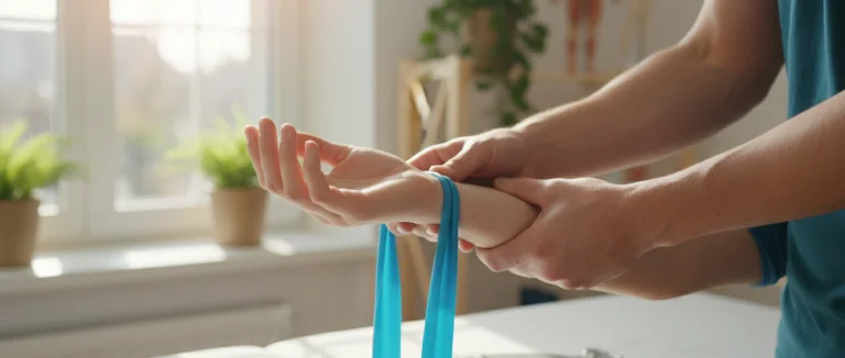 Физиотерапевт проводит упражнения с пациентом