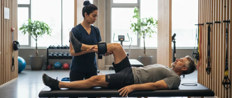 Физиотерапевт проводит упражнения с пациентом
