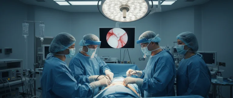 Операционная команда в процессе артроскопической операции на плечевом суставе