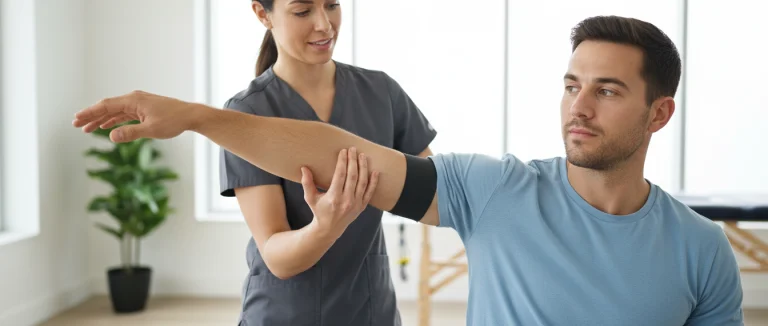 Физиотерапевт помогает пациенту выполнять упражнения для плеча