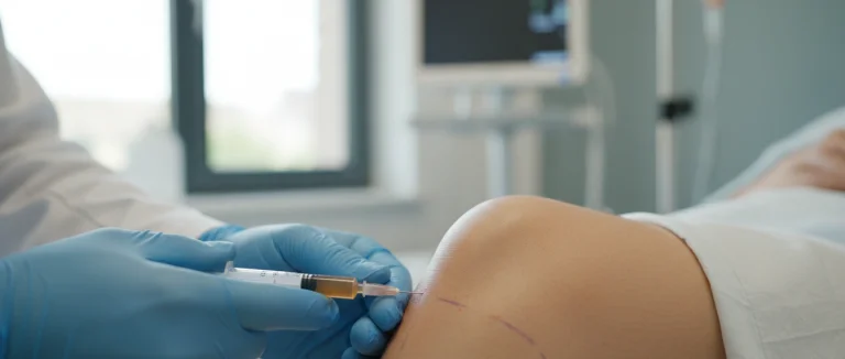 Врач вводит стволовые клетки в коленный сустав