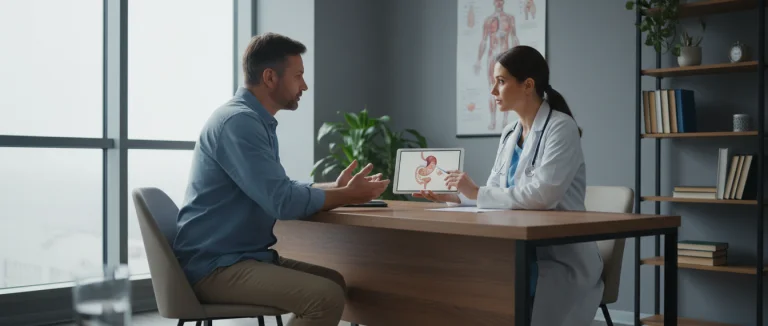 Человек в кабинете врача, обсуждающий частое мочеиспускание