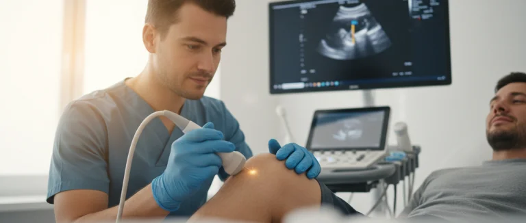 Врач вводит стволовые клетки в колено