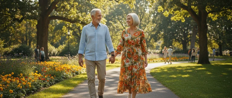 Пара пожилых людей гуляет в парке