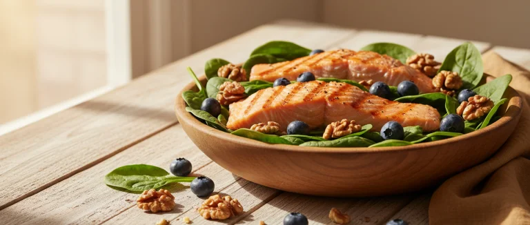 Тарелка с полезными продуктами: рыба, овощи, орехи